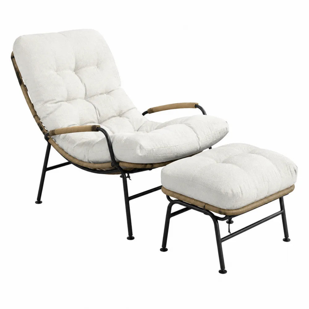Ensemble Fauteuil et Repose-pieds en Métal et Tissu Bouclé Blanc