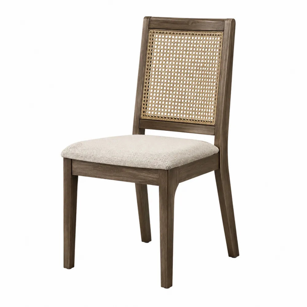 Chaise en bois avec dossier en rotin et siège en tissu beige