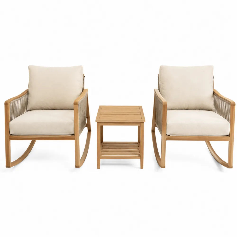 Ensemble de chaises à bascule en bois d'acacia et table d'appoint beige