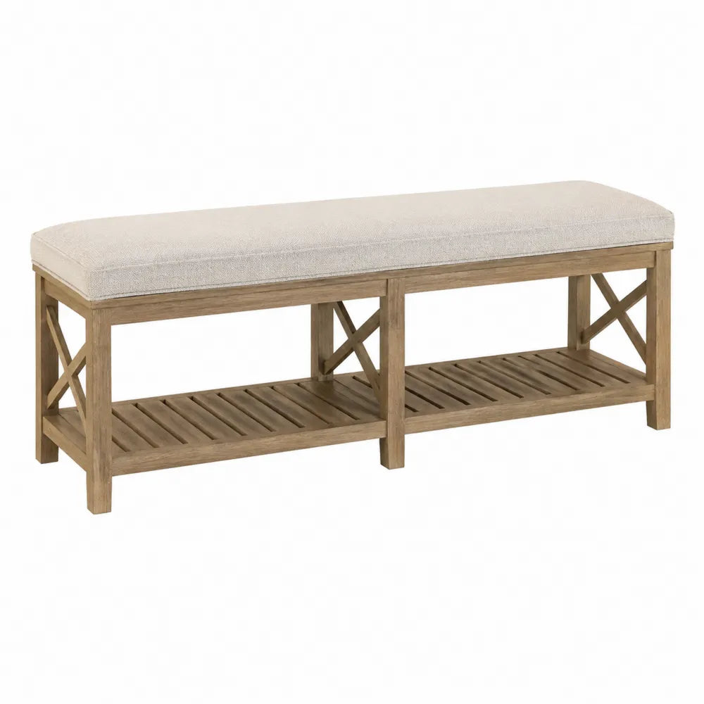 Banc en bois avec coussin en polyester beige et étagère