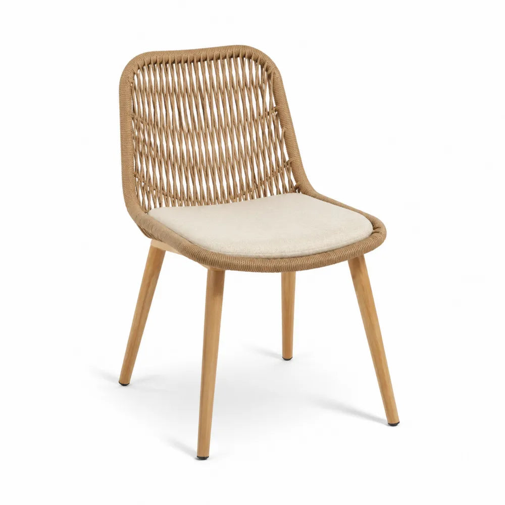 Chaise en corde et bois avec coussin en polyester beige