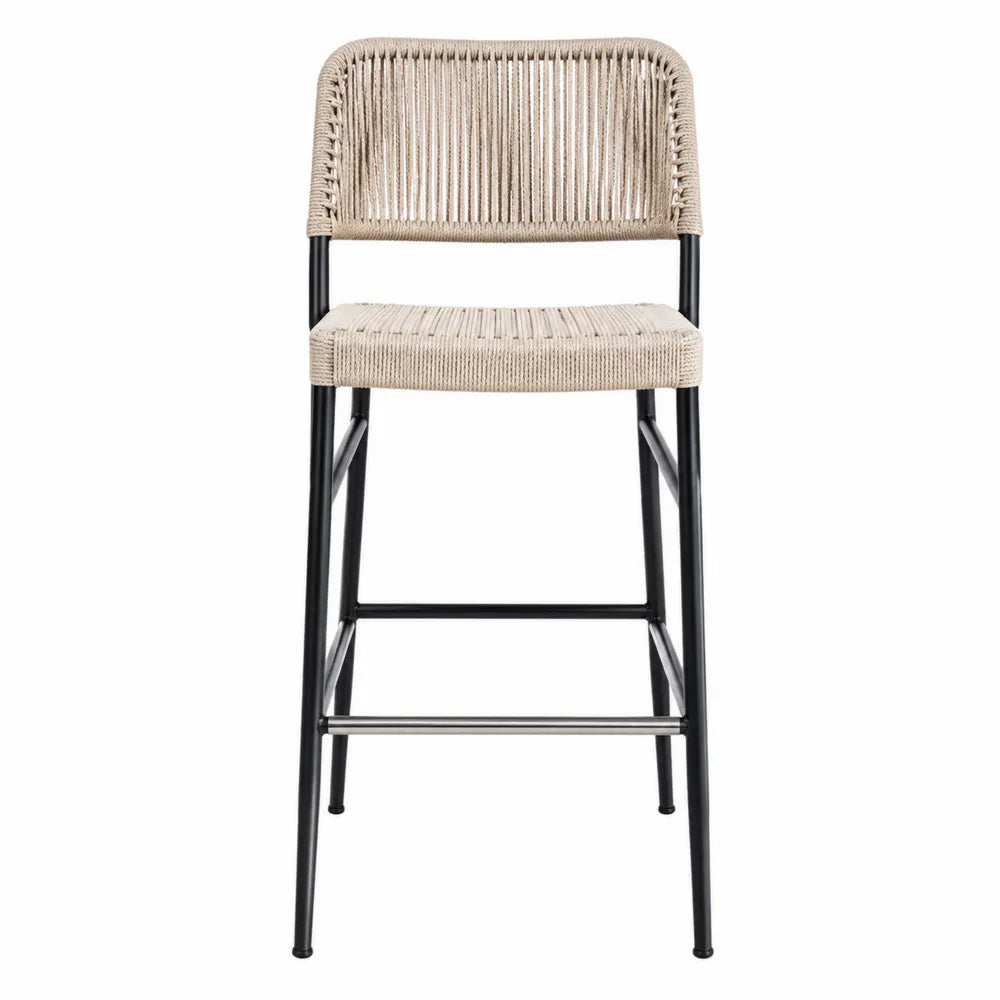 Tabouret de bar en corde polyester beige et métal noir
