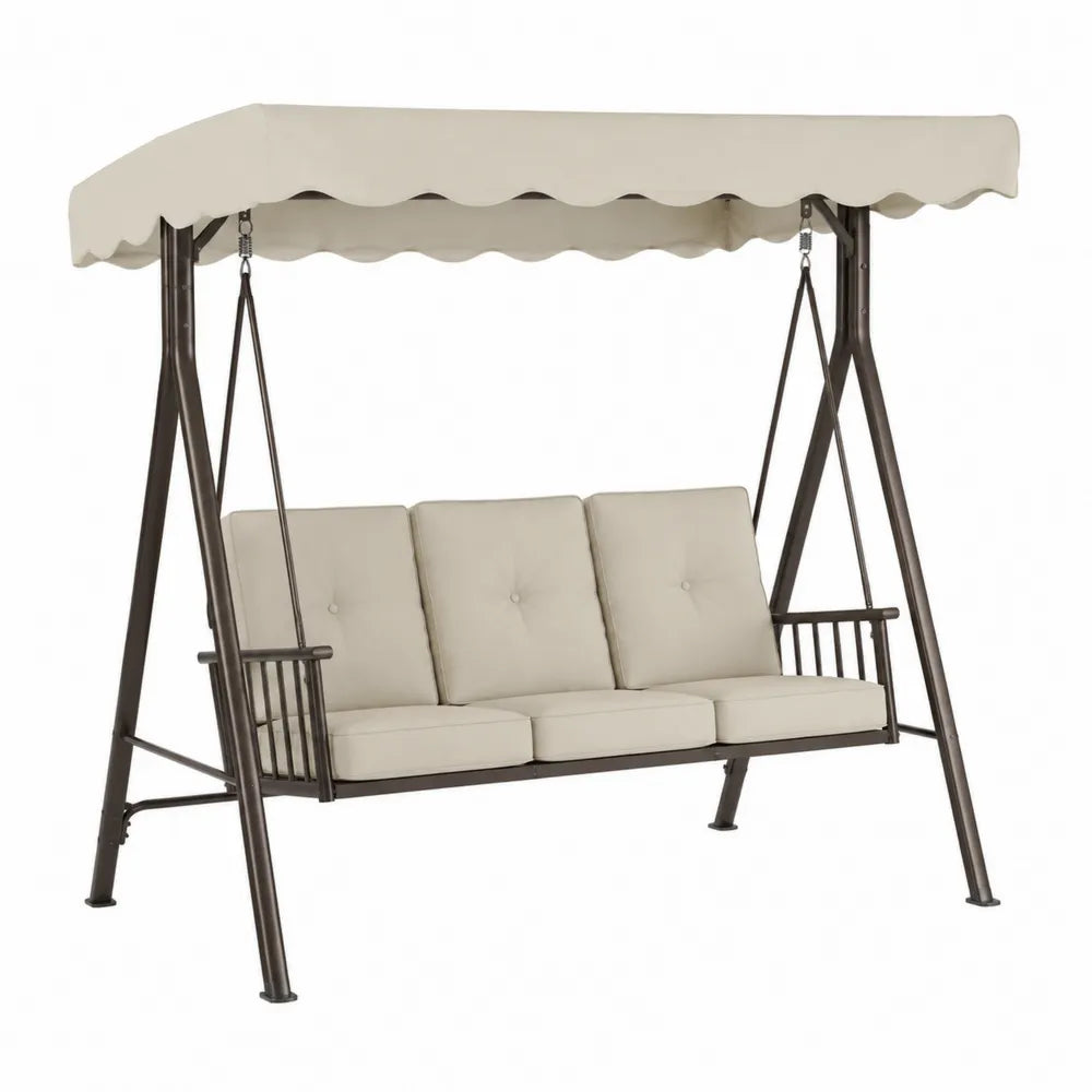 Balancelle de jardin 3 places en acier avec coussins en polyester beige