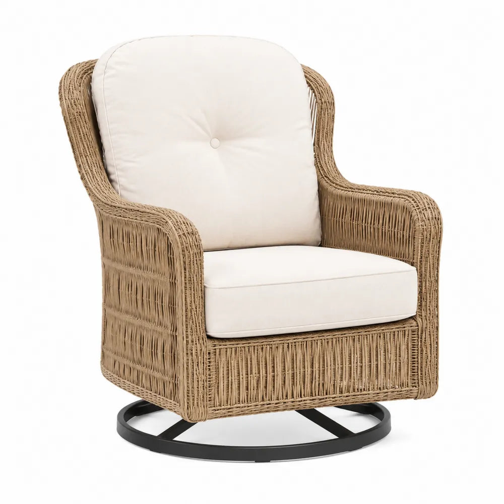 Fauteuil pivotant en osier synthétique avec coussins en polyester beige