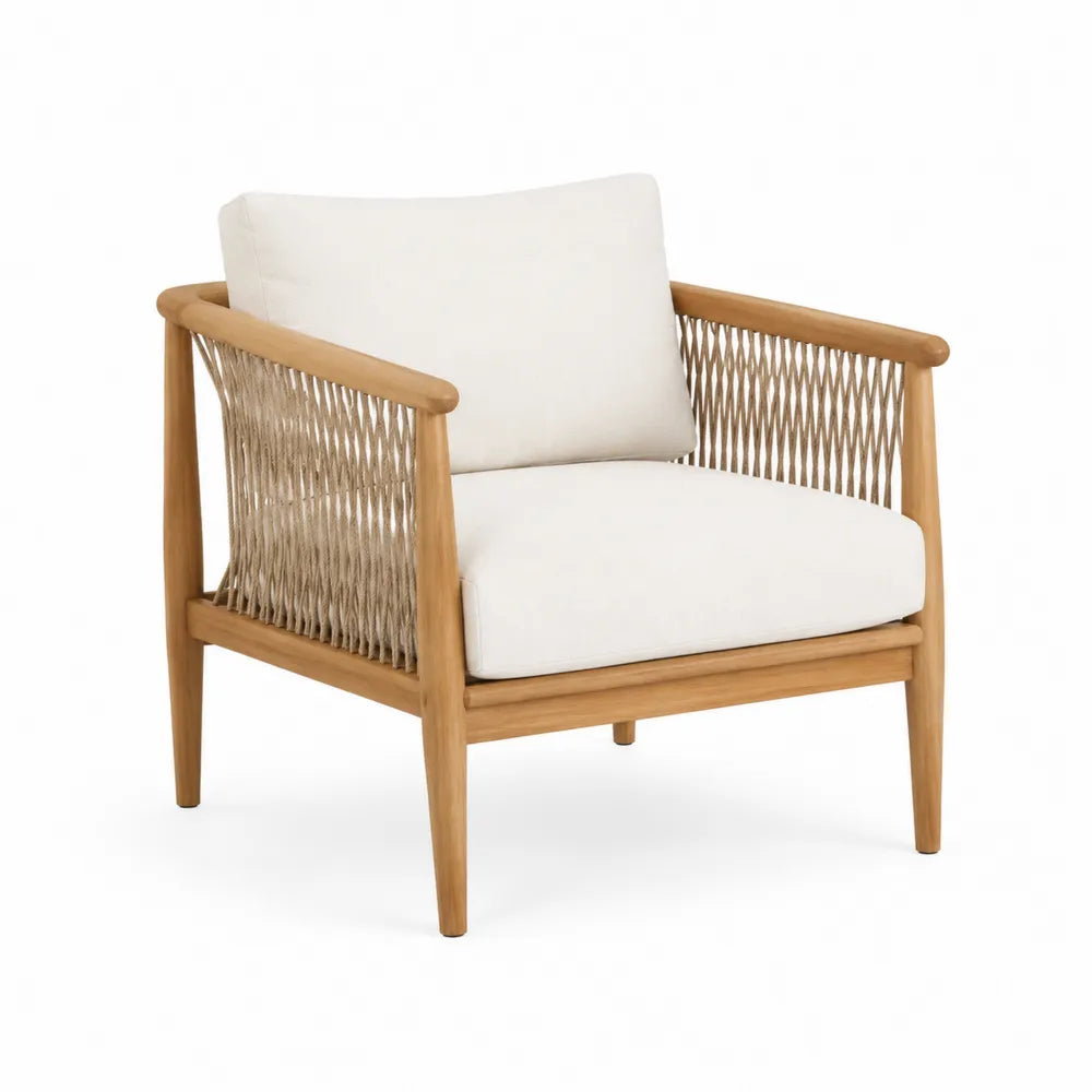 Fauteuil en teck et corde polyester avec coussins blancs