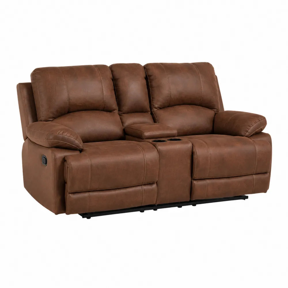 Canapé inclinable deux places en cuir synthétique marron avec porte-gobelets