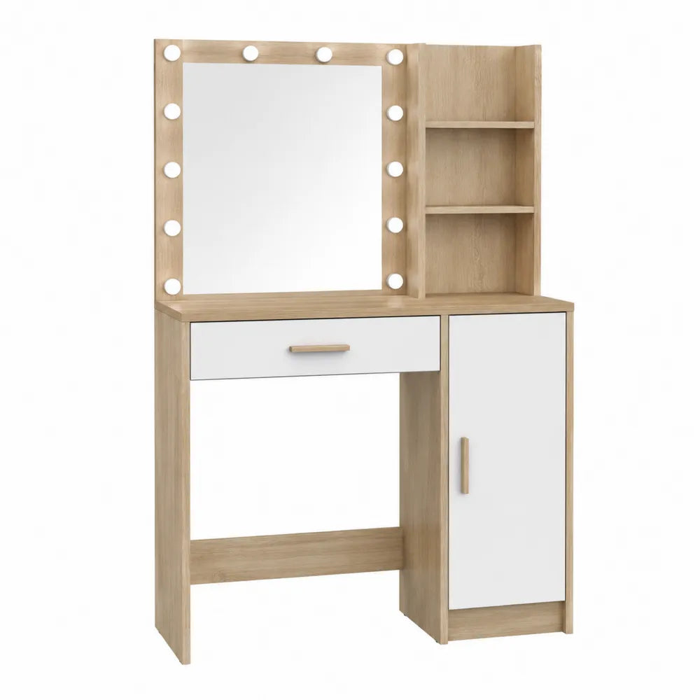 Coiffeuse en bois avec miroir éclairé, étagères et tiroir