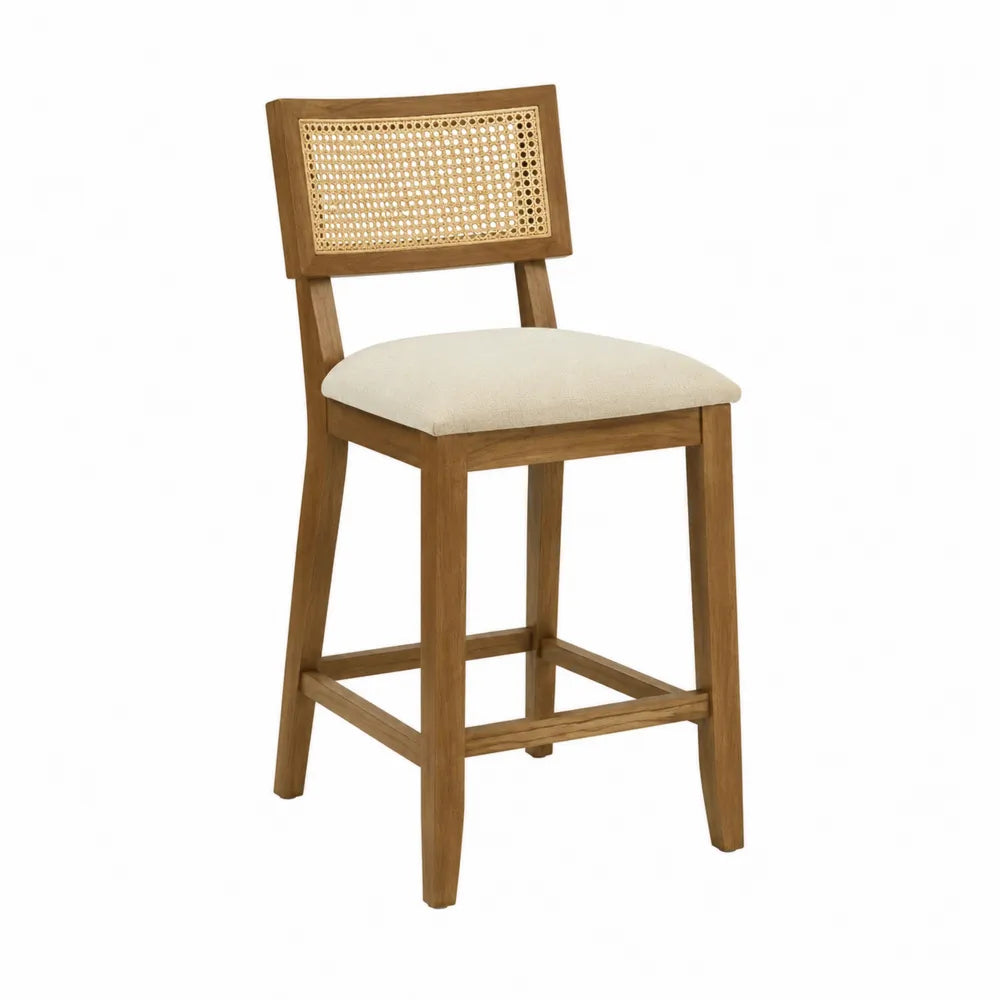 Chaise de bar en bois avec dossier en rotin et assise en tissu beige