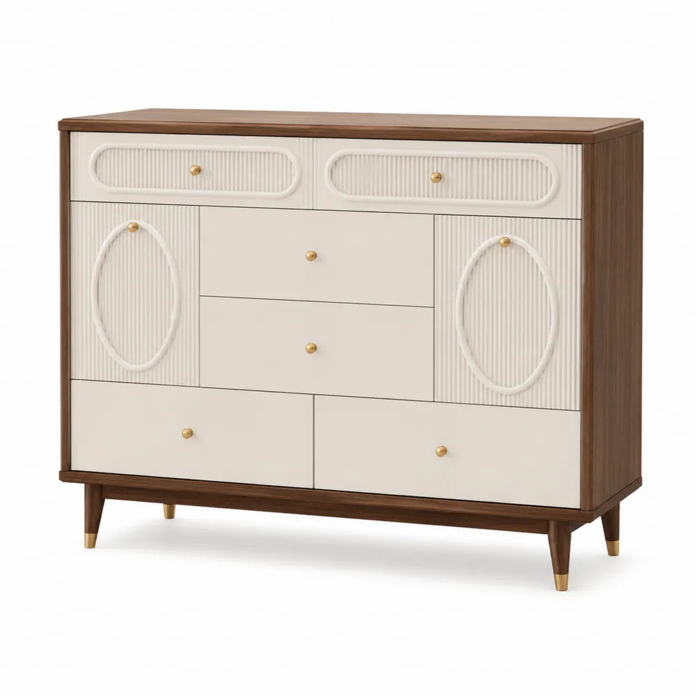 Commode en Bois Massif avec Tiroirs Blancs et Détails Ovales