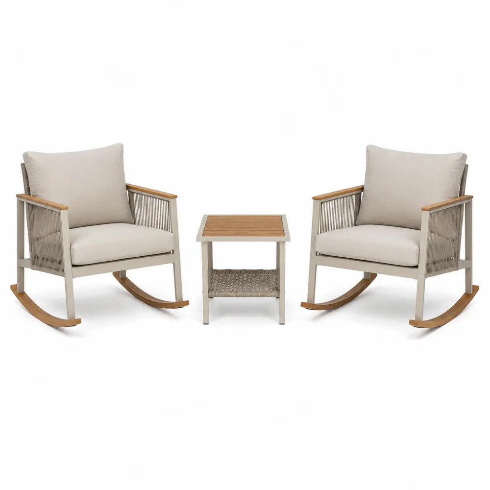 Ensemble de fauteuils à bascule en aluminium et bois avec table et coussins beiges