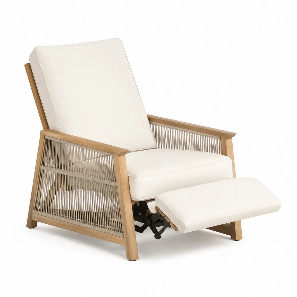 Fauteuil inclinable en bois d'acacia et corde avec coussin beige