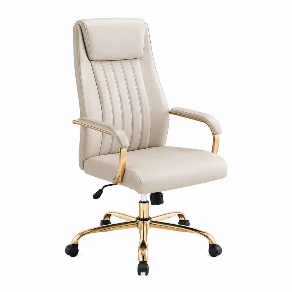 Chaise de bureau en cuir synthétique beige avec accoudoirs métalliques