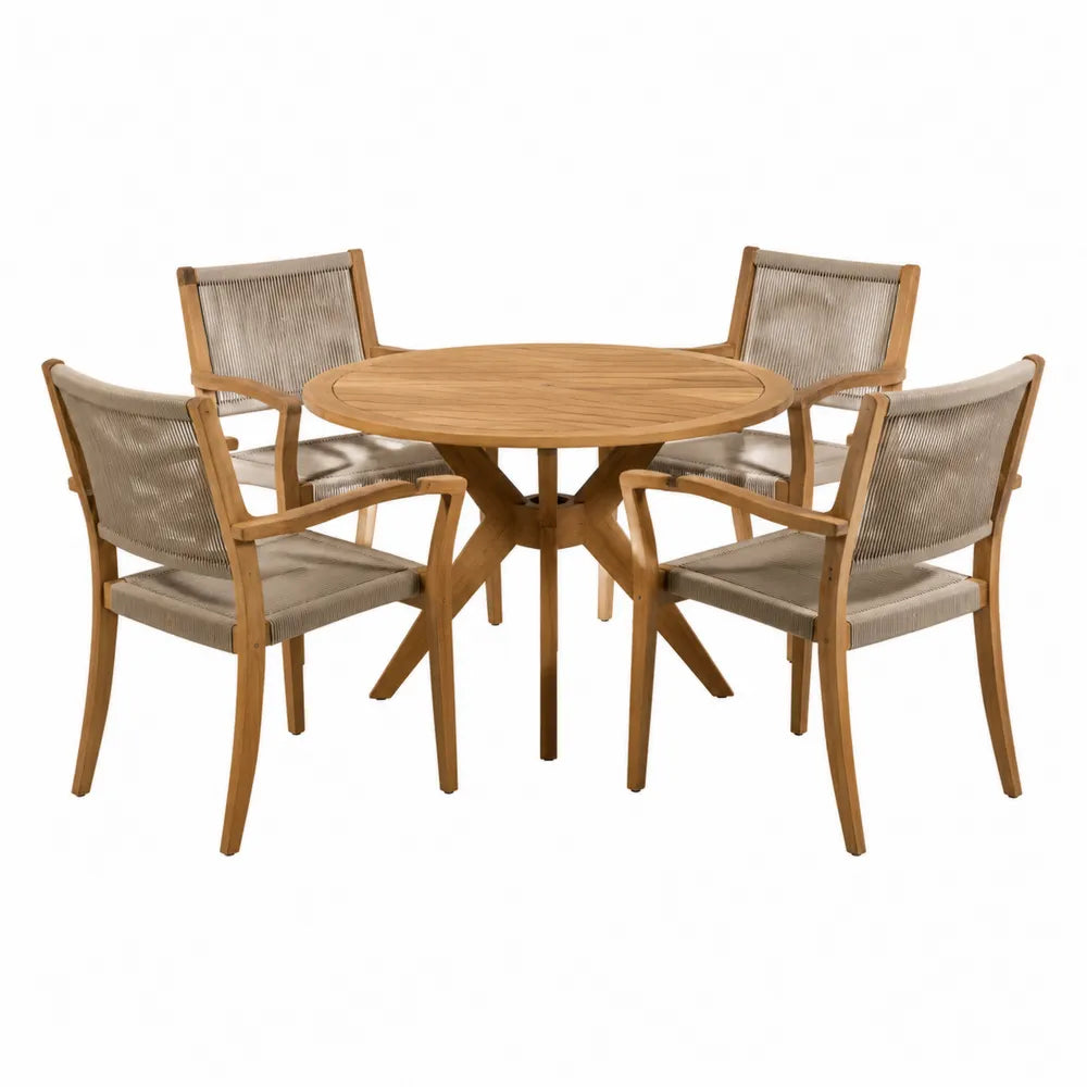 Ensemble de table ronde en teck et chaises en corde