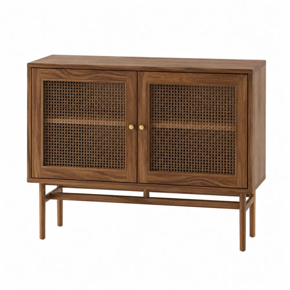 Buffet en bois avec portes en rotin tressé, 100 cm