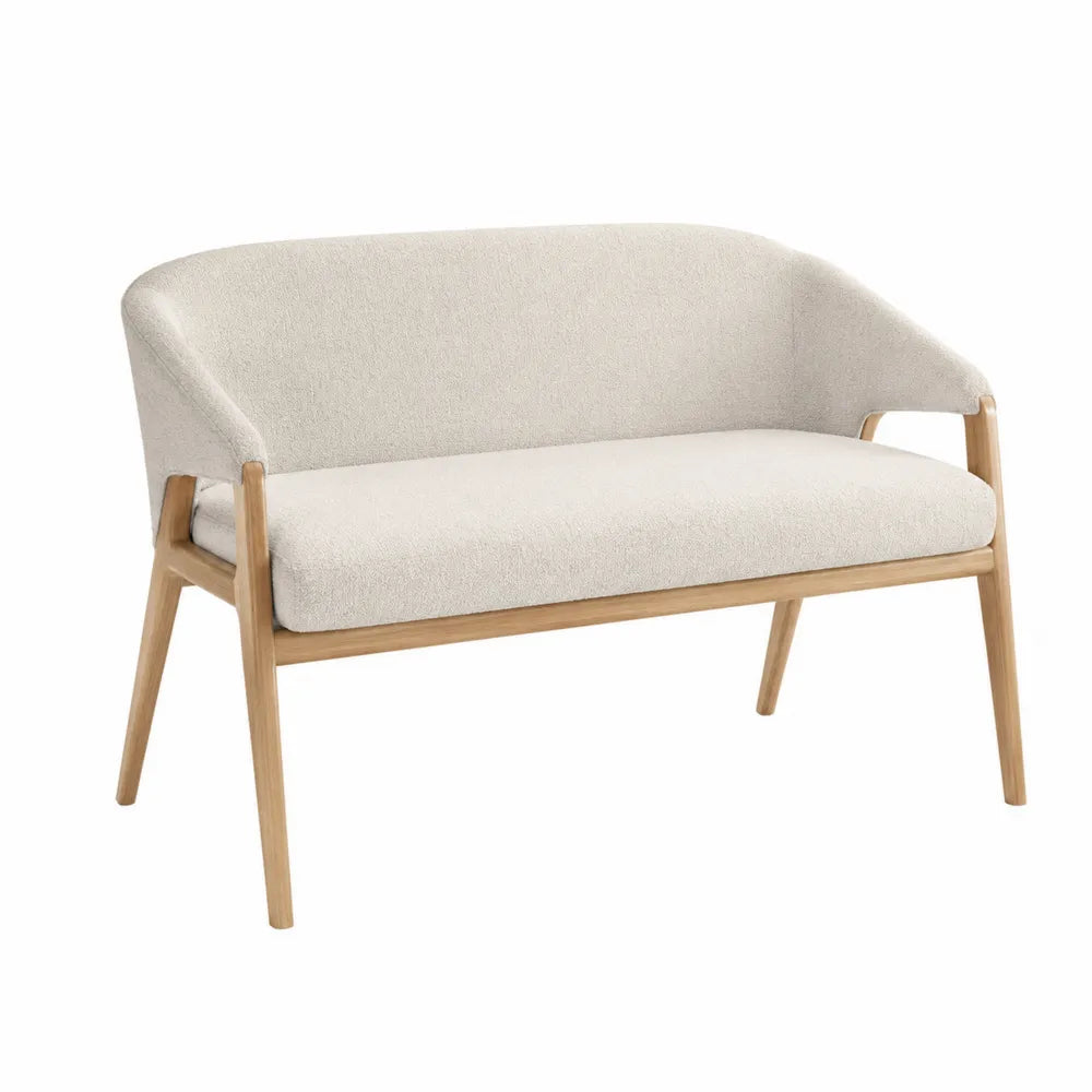 Canapé deux places en bois et tissu beige