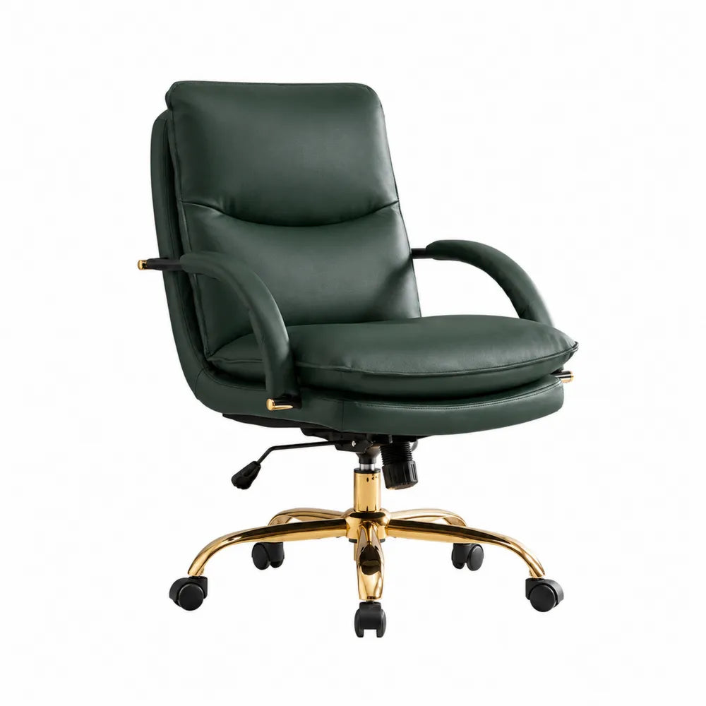 Chaise de bureau en cuir PU vert avec base en acier plaqué or