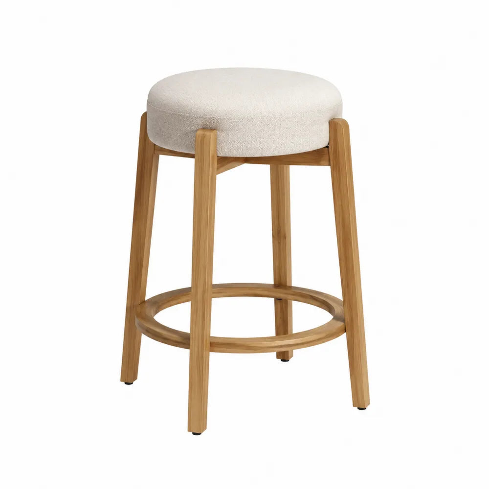 Tabouret de bar en bois avec assise en lin beige, hauteur 75 cm