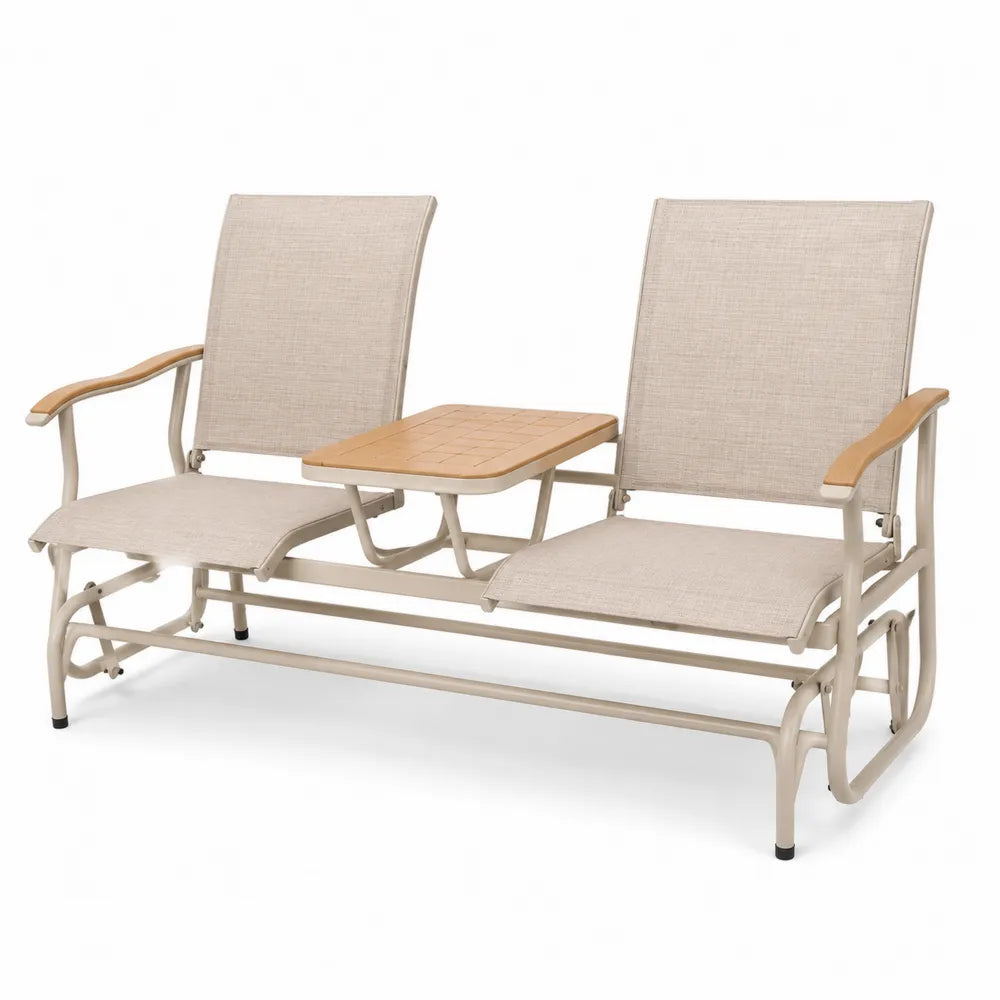 Banc double en métal et tissu avec table centrale en bois d'acacia