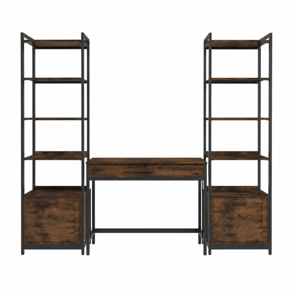 Bureau en bois et métal avec deux étagères marron et noir