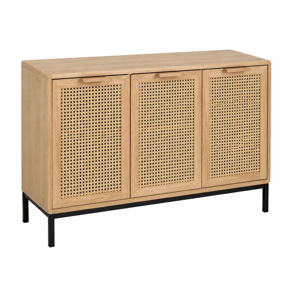 Buffet en bois avec portes en rotin et cadre en métal noir, 90x120x40 cm