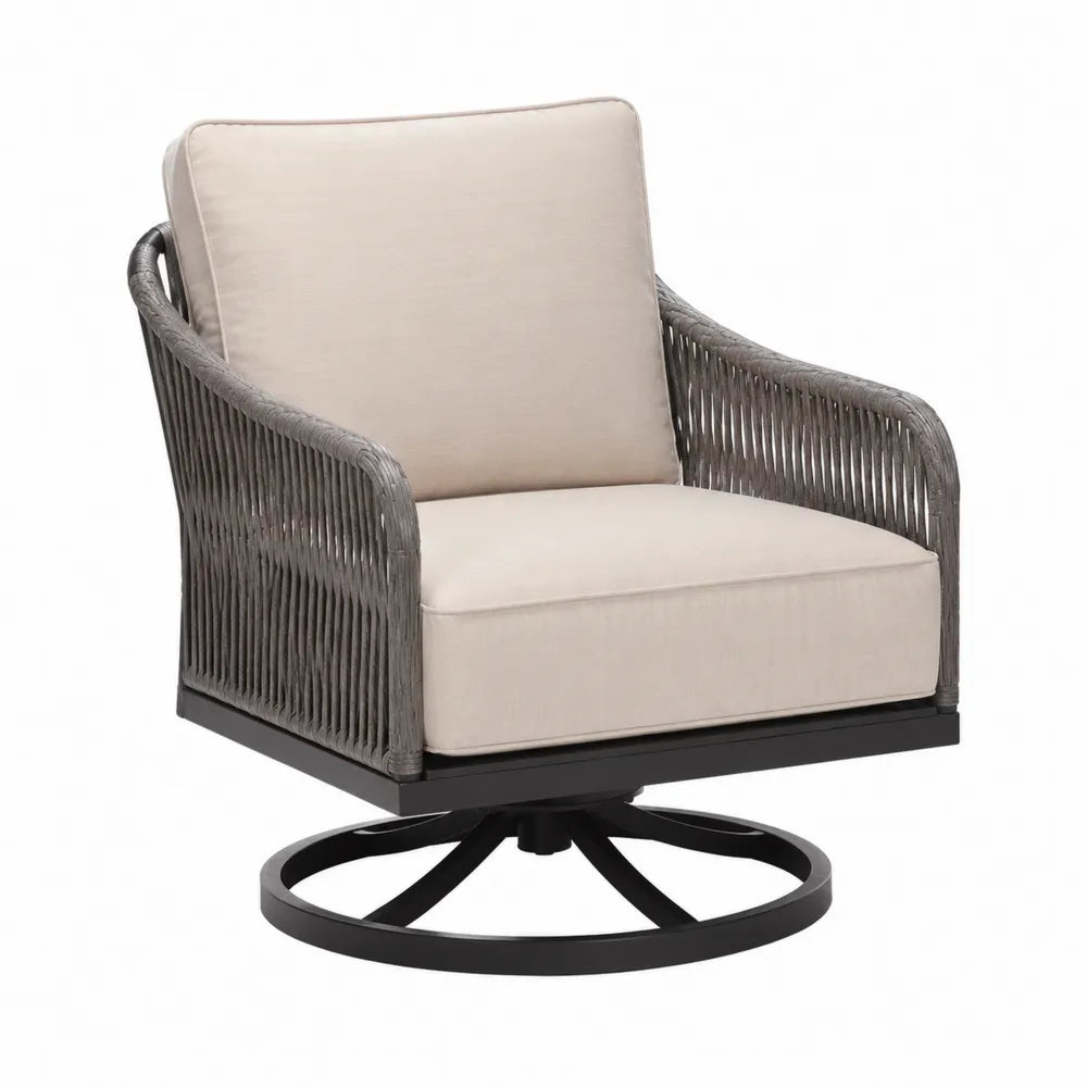 Fauteuil pivotant en corde gris avec coussins beige