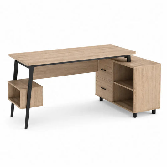 Bureau d'angle en bois et métal avec rangement chêne clair
