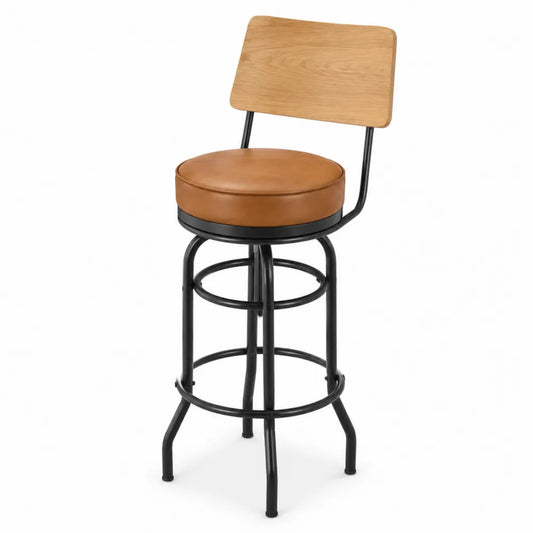 Tabouret de bar pivotant en cuir avec cadre en métal noir et dossier en bois