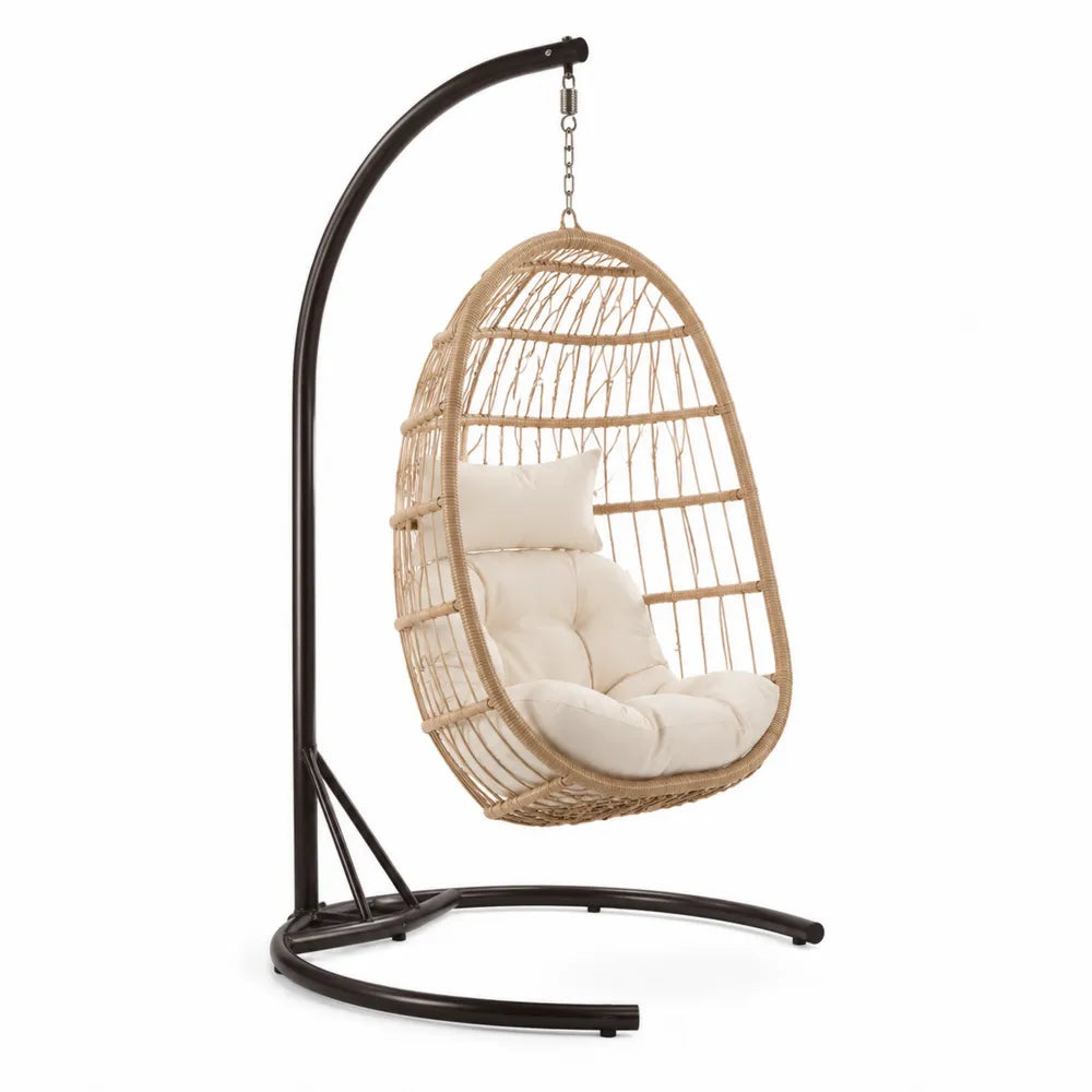 Chaise suspendue en rotin avec coussins en polyester beige et support en métal