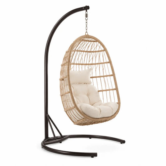 Chaise suspendue en rotin avec coussins en polyester beige et support en métal