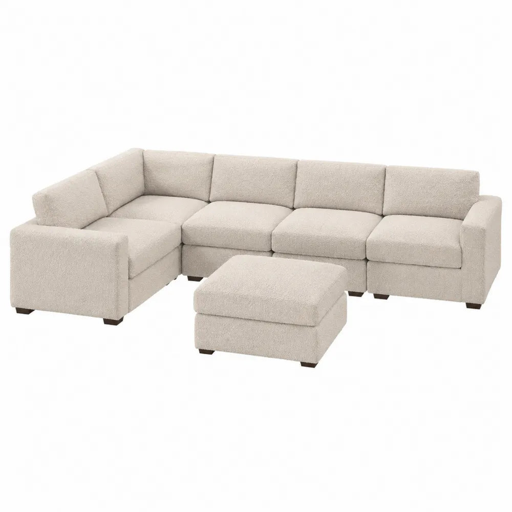 Canapé modulaire en bois et tissu polyester beige avec pouf, 320x220x85 cm