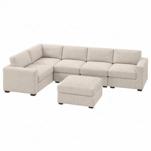 Canapé modulaire en bois et tissu polyester beige avec pouf, 320x220x85 cm