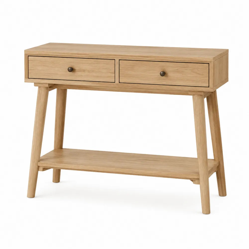 Console en bois de chêne avec 2 tiroirs et étagère