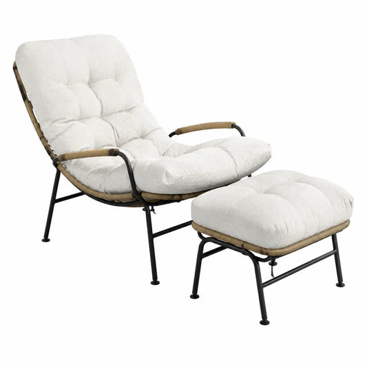 Ensemble Fauteuil et Repose-pieds en Métal et Tissu Bouclé Blanc