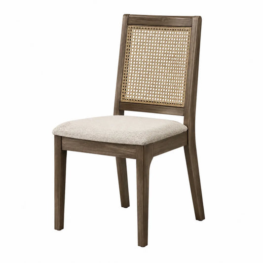 Chaise en bois avec dossier en rotin et siège en tissu beige