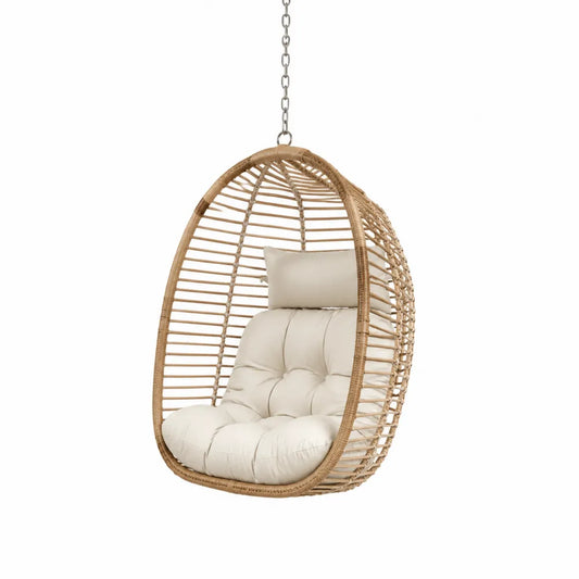 Chaise suspendue en rotin avec coussin en tissu crème