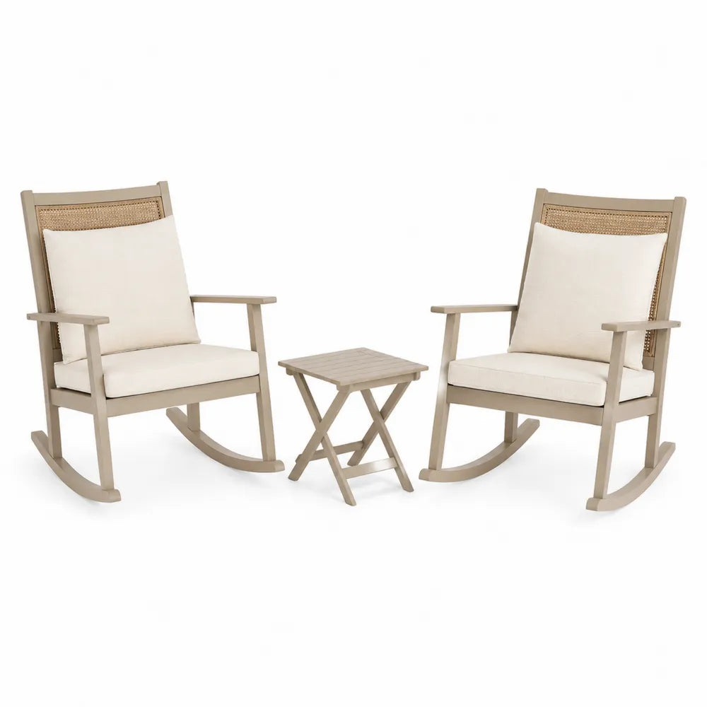 Ensemble de fauteuils à bascule en bois d'acacia avec table pliante et coussins crème