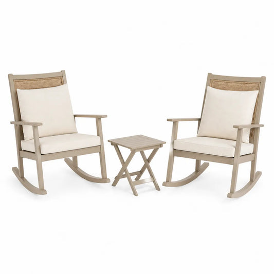 Ensemble de fauteuils à bascule en bois d'acacia avec table pliante et coussins crème