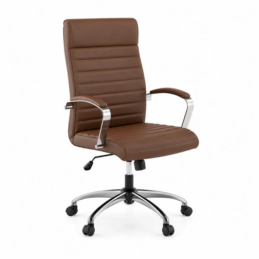 Chaise de bureau en cuir synthétique avec base chromée, marron