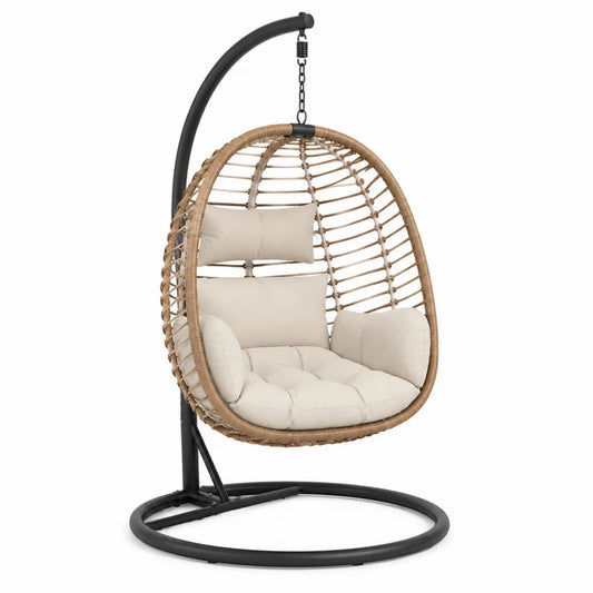 Chaise suspendue en rotin et acier avec coussin beige