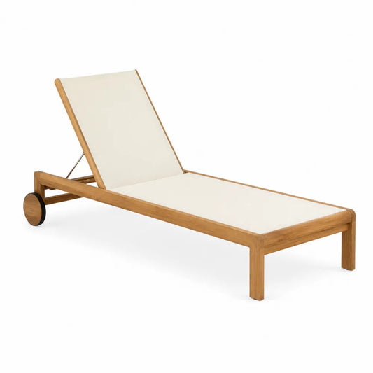 Chaise Longue Extérieure en Bois de Teck et Tissu Beige