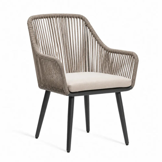 Chaise extérieure en corde avec coussin en polyester beige et pieds métalliques