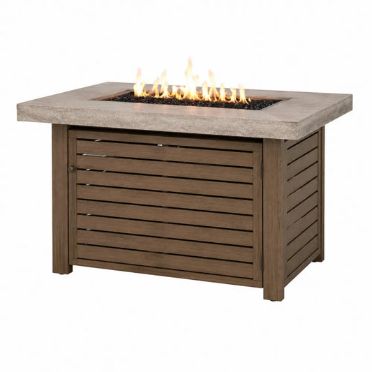 Table de feu d'extérieur bois composite et béton 135x85x65 cm
