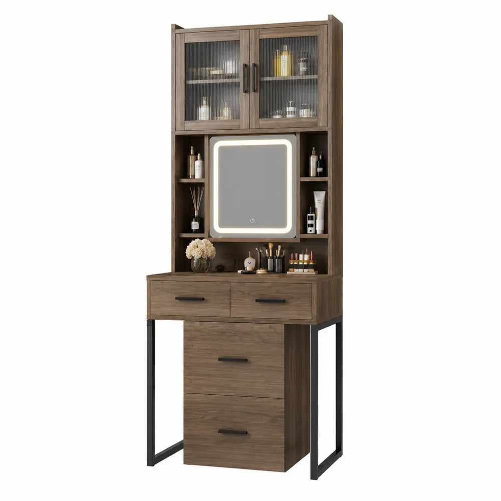 Coiffeuse en bois avec miroir LED et rangement - Noyer