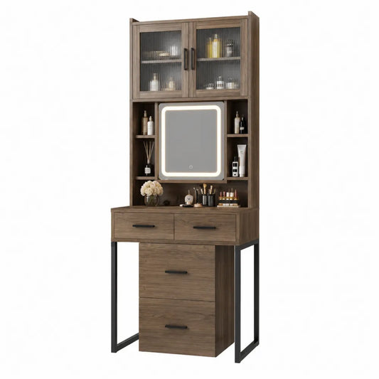 Coiffeuse en bois avec miroir LED et rangement - Noyer
