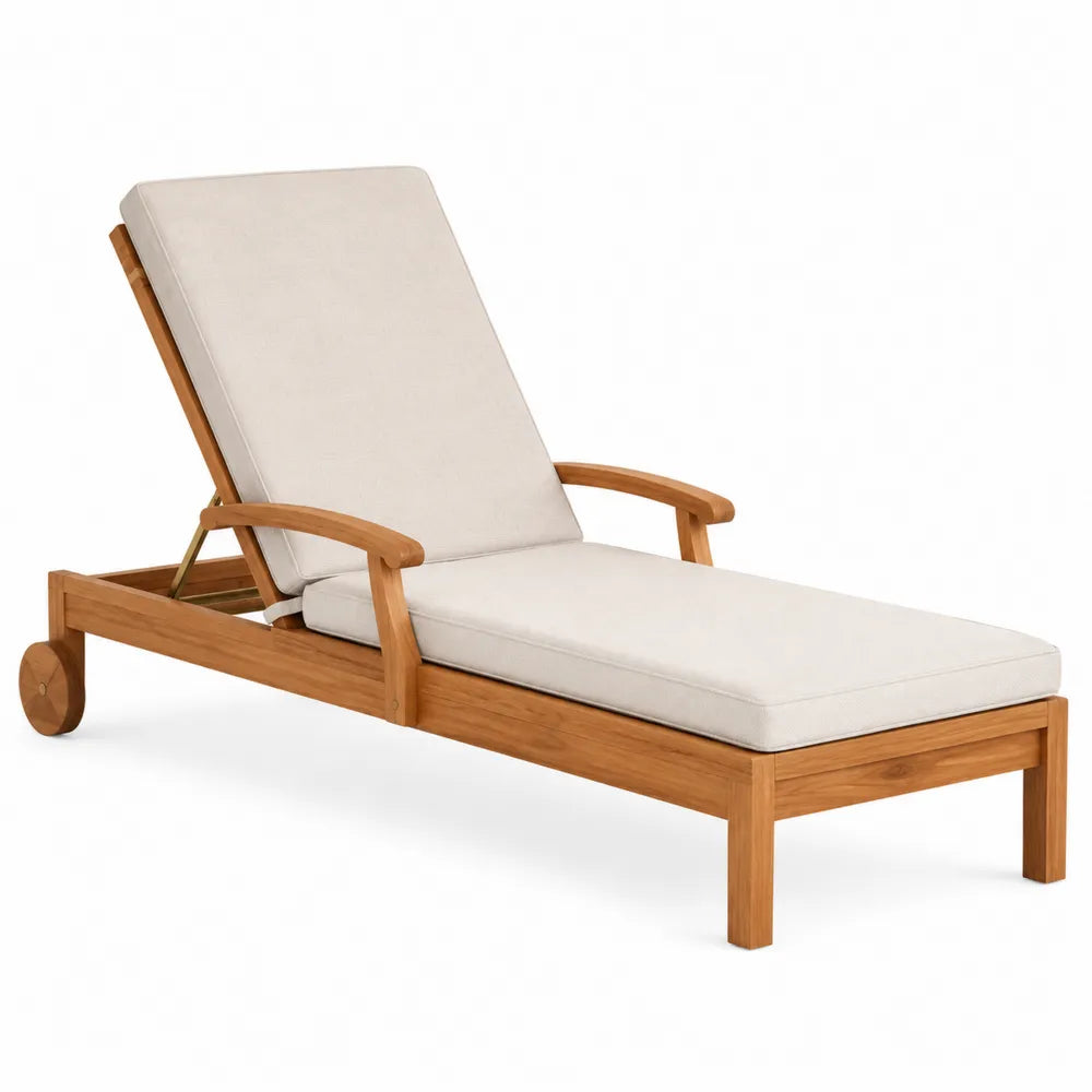 Chaise longue en bois avec coussin beige réglable