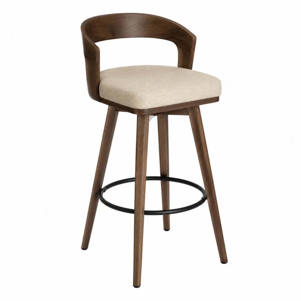 Tabouret de bar en bois de noyer avec assise en tissu polyester beige