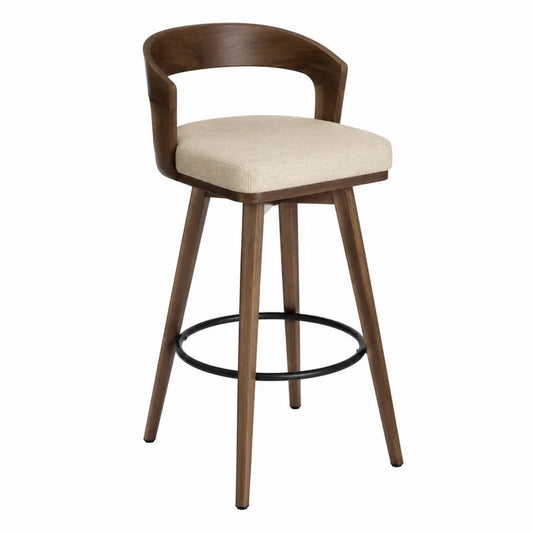 Tabouret de bar en bois de noyer avec assise en tissu polyester beige