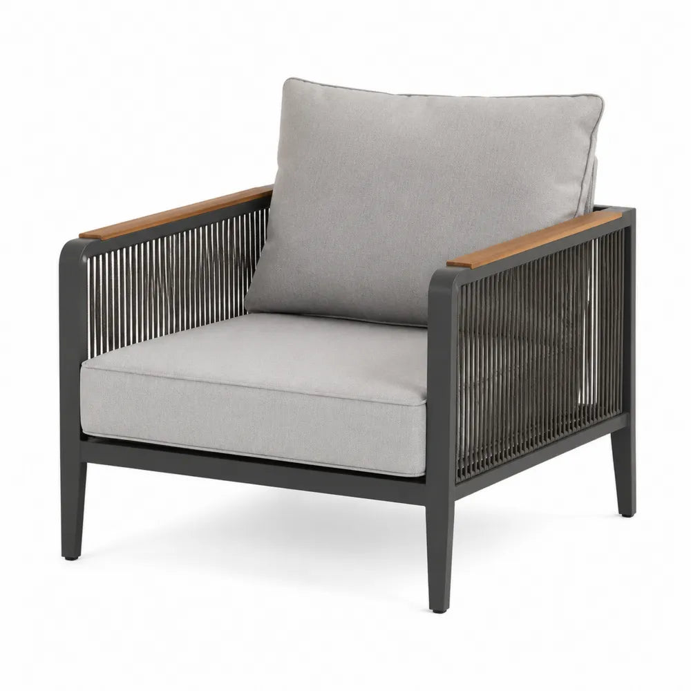 Fauteuil en aluminium avec coussins en tissu polyester gris et accoudoirs en bois