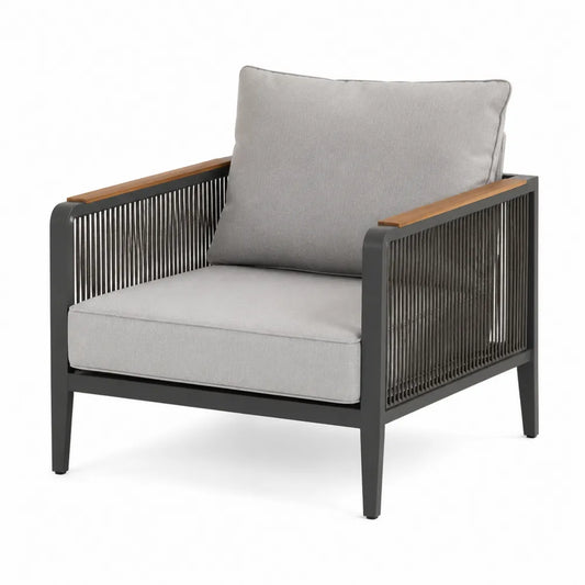 Fauteuil en aluminium avec coussins en tissu polyester gris et accoudoirs en bois