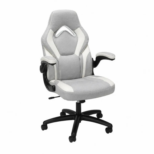 Chaise en tissu gris et blanc avec accoudoirs réglables
